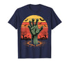 Creepy Undead Zombie Hand Retro Sunset Scary Zombie Hand Retro Sunset Halloween Horror Tee T-Shirt - Navy Blue