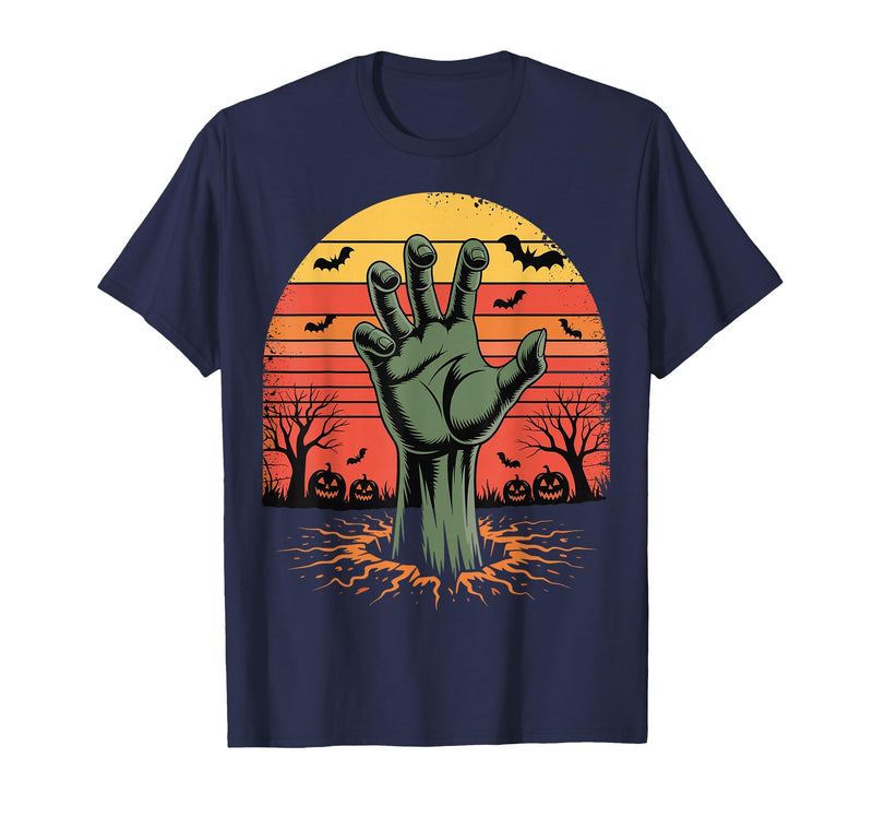 Creepy Undead Zombie Hand Retro Sunset Scary Zombie Hand Retro Sunset Halloween Horror Tee T-Shirt - Navy Blue