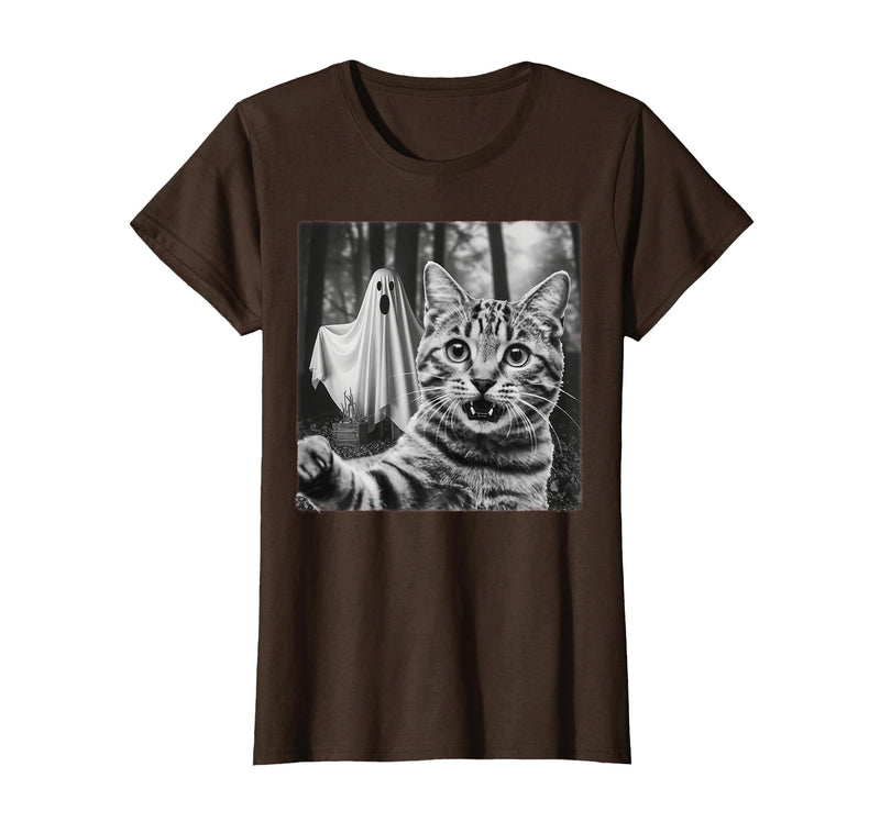 Halloween Cat Selfie with Spooky Ghost t -shir t Halloween Cat Selfie with Spooky Ghost T-Shirt - Brown