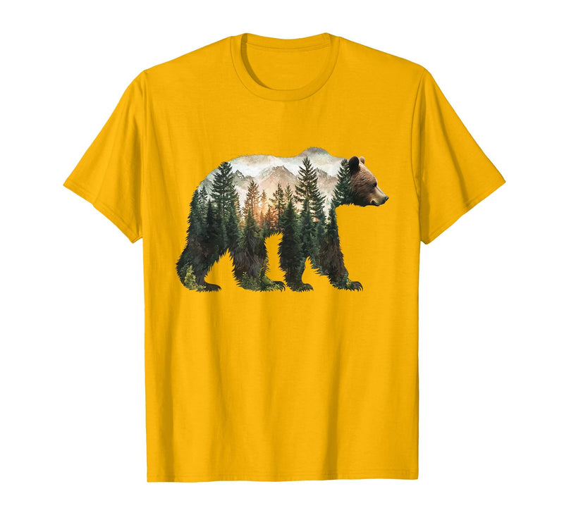 Bear Designs. Bear Forest Mountains Trees Nature Sunset Outdoor Graphic T-Shirt - Golden Yellow