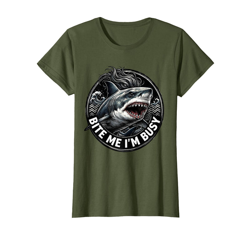 Mademark Bite Me I'm Busy Shark Women Graphic Design T-Shirt - Olive Green