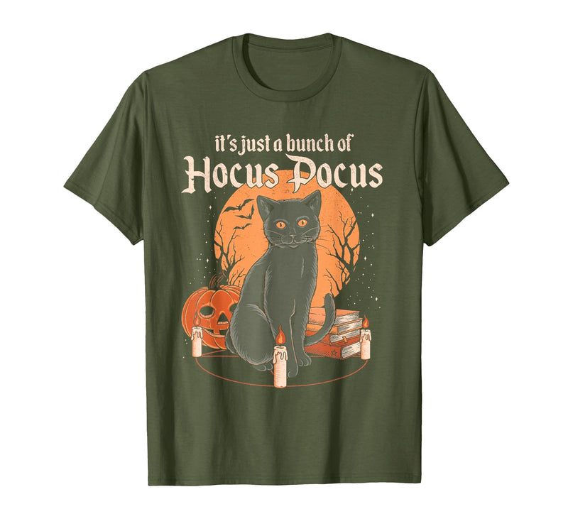 funny Halloween shirt It's Just A Bunch of Hocus Pocus Funny Cat T-Shirt - Olive Green
