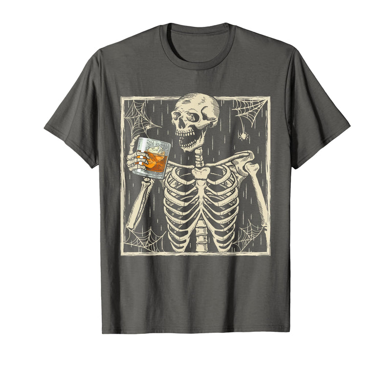 Funny Skeleton Drinking Bourbon Whiskey Halloween Alcoholic T-Shirt - Asphalt Grey