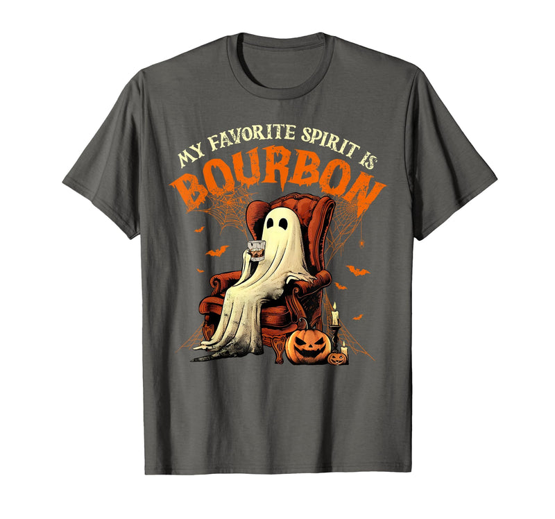 Bourbon Ghost Funny Halloween Drinking Apparel My Favorite Spirit is Bourbon Funny Halloween Ghost T-Shirt - Asphalt Grey