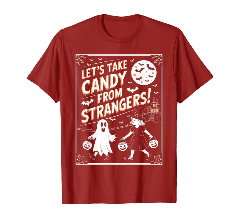 Classic Cool Candy Halloween Apparel Let's Take Candy from Strangers Retro Halloween T-Shirt - Cranberry Red