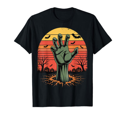 Creepy Undead Zombie Hand Retro Sunset Scary Zombie Hand Retro Sunset Halloween Horror Tee T-Shirt