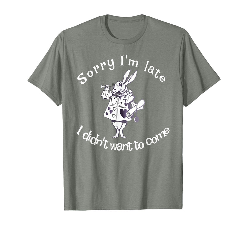 Sorry I'm Late, I Didn't Want to Come White Rabbit Watch T-Shirt in Olive Heather