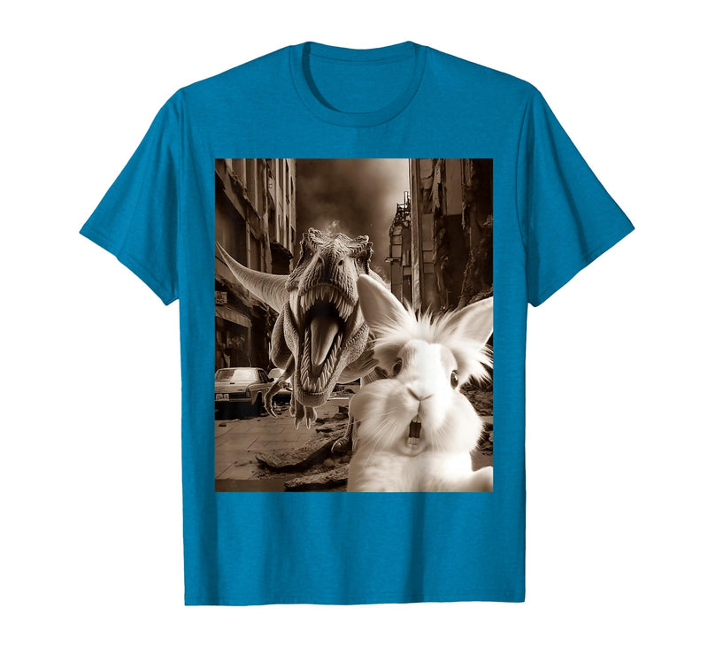 Funny Bunny Rabbit Selfie with T-Rex Tyrannosaurus Dinosaur T-Shirt in Sapphire Blue