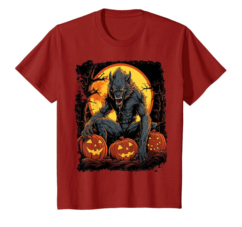 FrightNightFits Werewolf Orange Halloween T-Shirt - Cranberry Red