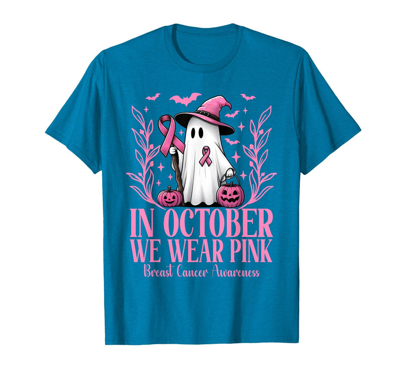 Arich.Tee's Breast Cancer Awareness Ghost in October We Wear Pink Breast Cancer Witch Ghost Halloween T-Shirt - Sapphire Blue