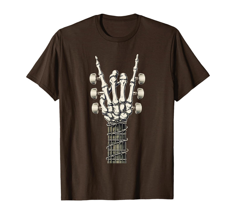 Rock and Wear Gifts Men Women Kids Skeleton Guitar Hand Rock On Guitarist Rock Band Music T-Shirt - Brown