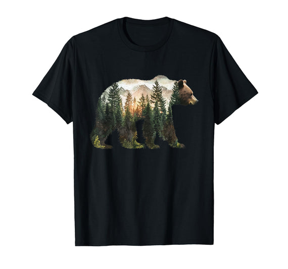Bear Designs. Bear Forest Mountains Trees Nature Sunset Outdoor Graphic T-Shirt - Black