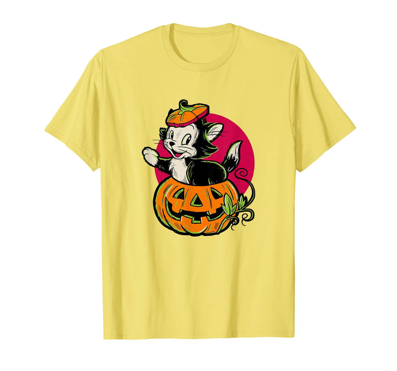 Disney Pinocchio Halloween Figaro Inside A Pumpkin Retro T-Shirt - Lemon Yellow