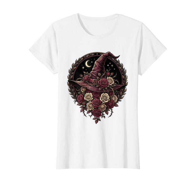 Mademark Witch Hat Black Roses Halloween Women's Design T-Shirt - White