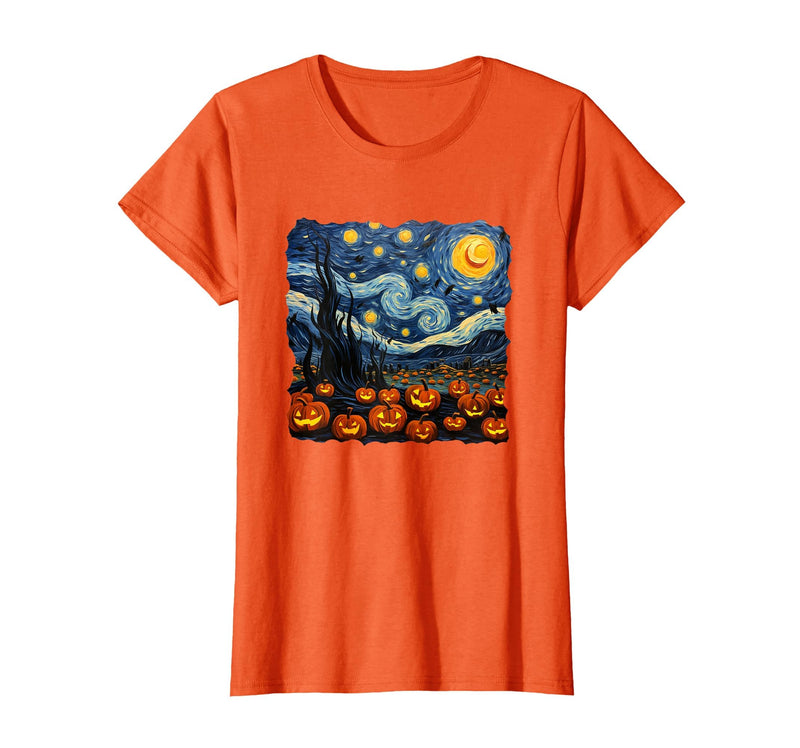 Teacher Halloween by K Halloween Pumpkin Starry Night Van Gogh Funny Art Teacher T-Shirt - Orange