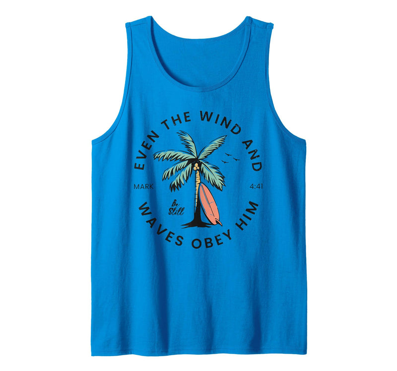 Surf Board And Palm Tree Summer Beach Tee Retro Even The Wind and The Waves Christian Bible Beach Tank Top - Sapphire Blue