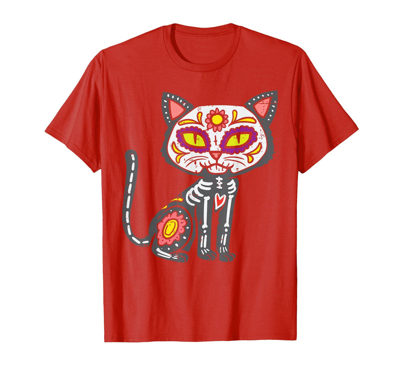 Halloween Cat Shirts For Women Men Kids Owner Sugar Skull Cat Dia De Muertos Day of Dead Halloween Mexican T-Shirt - Red