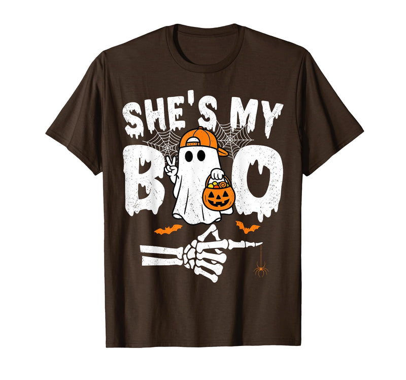 Funny Couples Halloween Matching Couple Outfits He's My Boo Matching Couple Halloween Couples She's My Boo T-Shirt - Brown