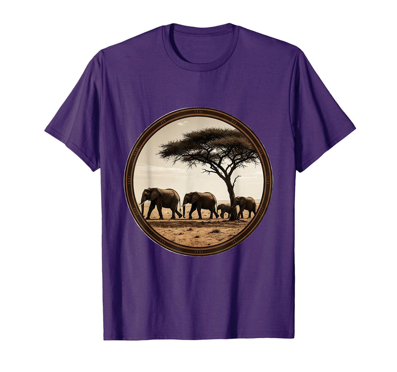 Mademark Elephant Herd Crossing Dusty Savanna Plains T-Shirt - Men - Purple