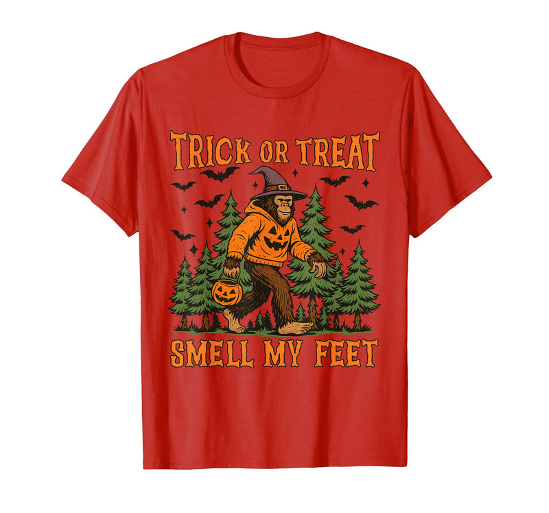 Bigfoot Halloween Costume Party Outfits Trick Or Treat Smell My Feet Bigfoot Halloween Sasquatch T-Shirt - Red