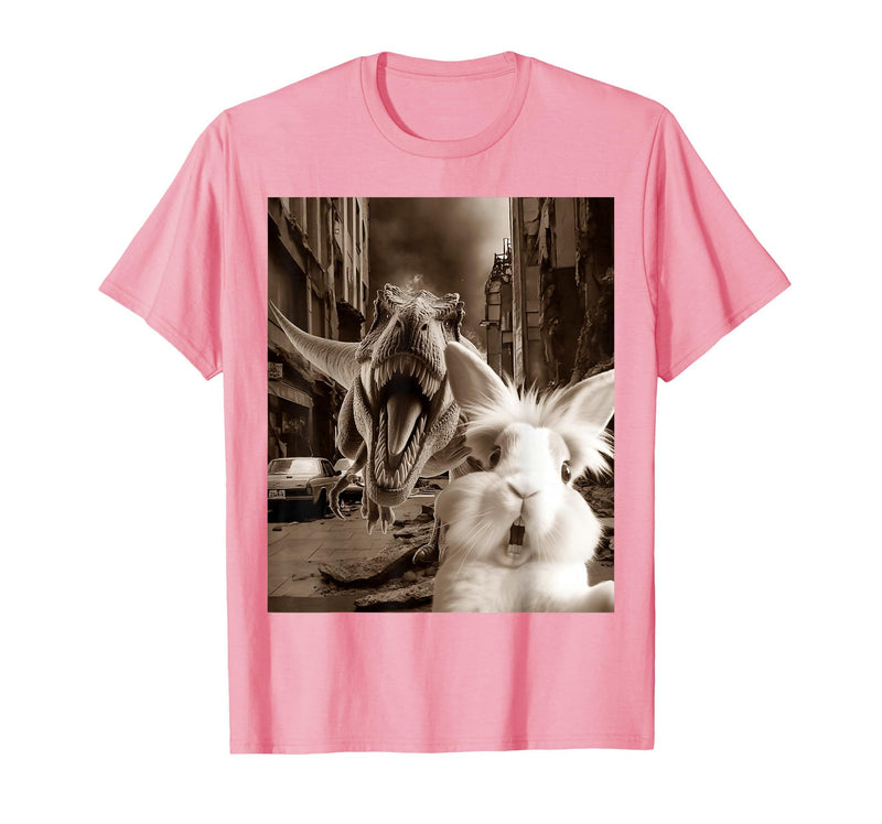 Funny Bunny Rabbit Selfie with T-Rex Tyrannosaurus Dinosaur T-Shirt in Pink