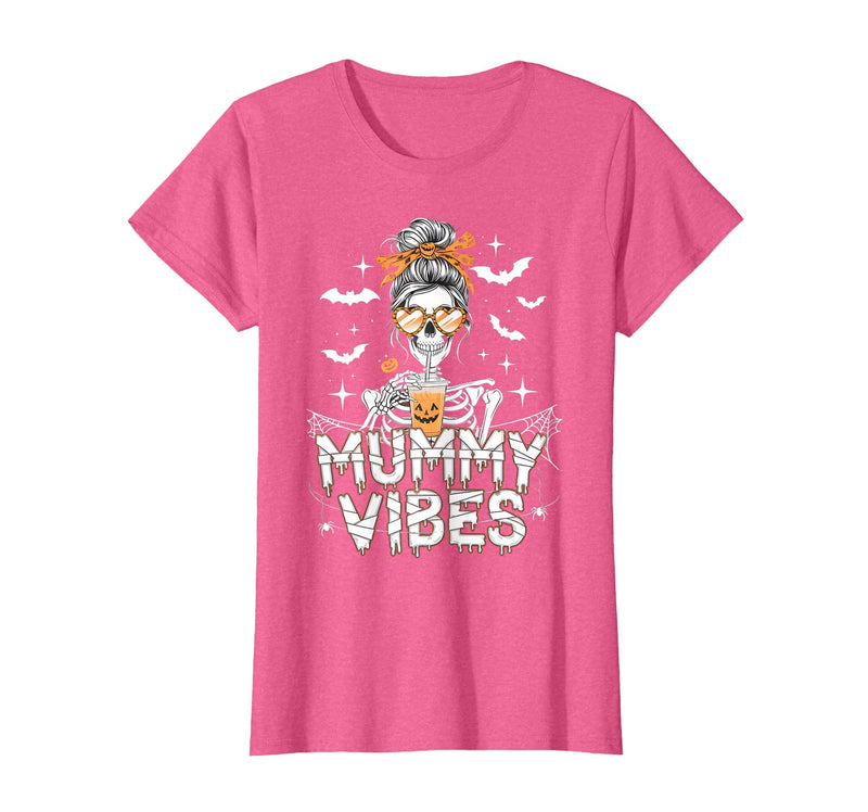 Mummy Vibes Halloween Coffee Funny Skeleton Tee Mummy Vibes Halloween Coffee Funny Skeleton Mother Mom T-Shirt - Pink Heather