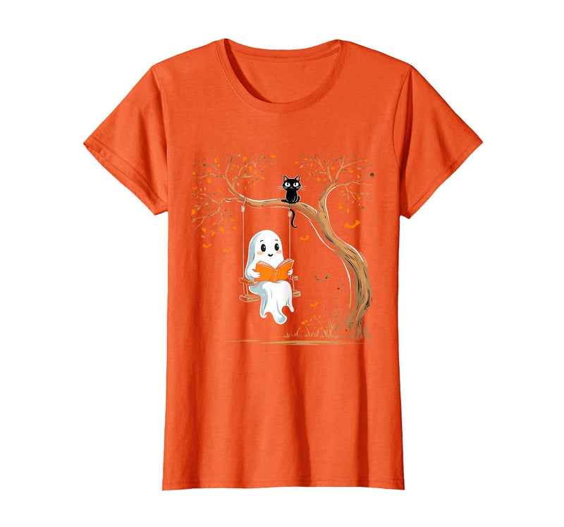 Halloween Ghost Swing Reading Vintage Ghost Swing Reading Book Swinging Halloween Costume T-Shirt - Orange
