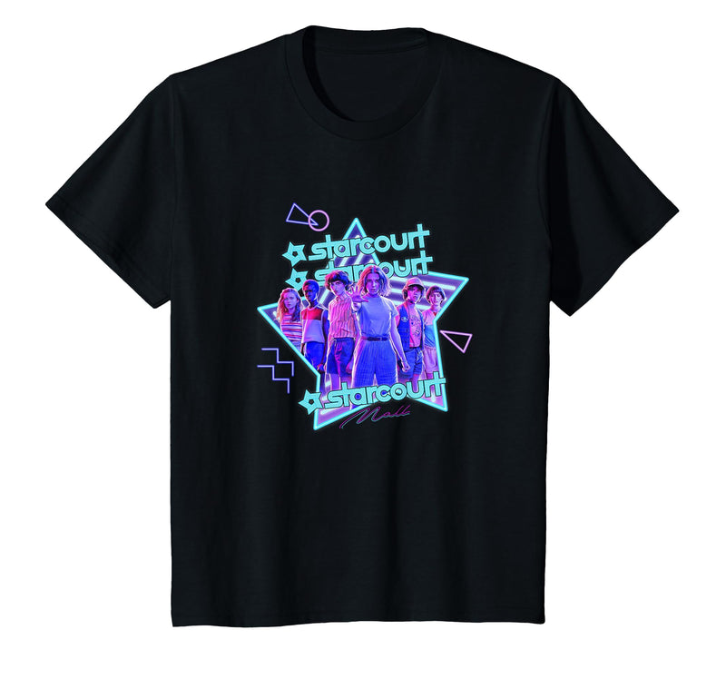 Stranger Things Starcourt Mall Vintage Neon Group Portrait T-Shirt - Black