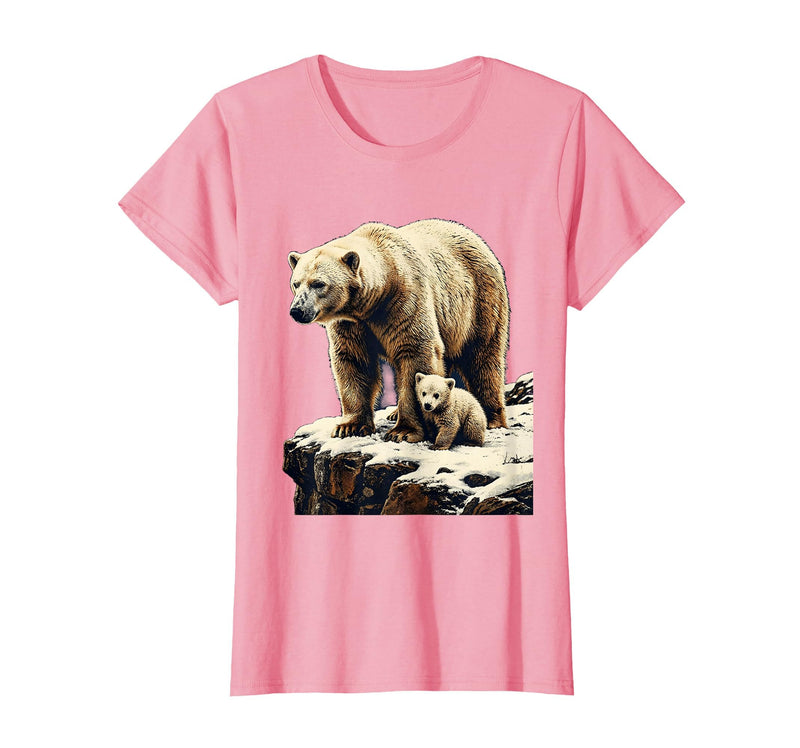Mademark Mama Polar Bear and Cub Snowy Cliff Illustration T-Shirt - Pink
