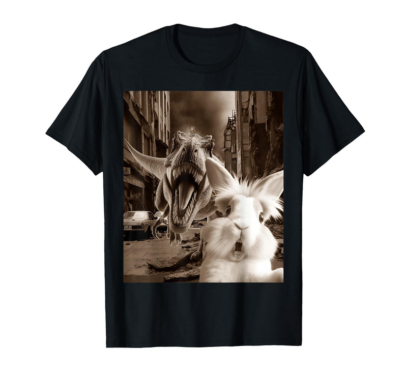 Funny Bunny Rabbit Selfie with T-Rex Tyrannosaurus Dinosaur T-Shirt in Black