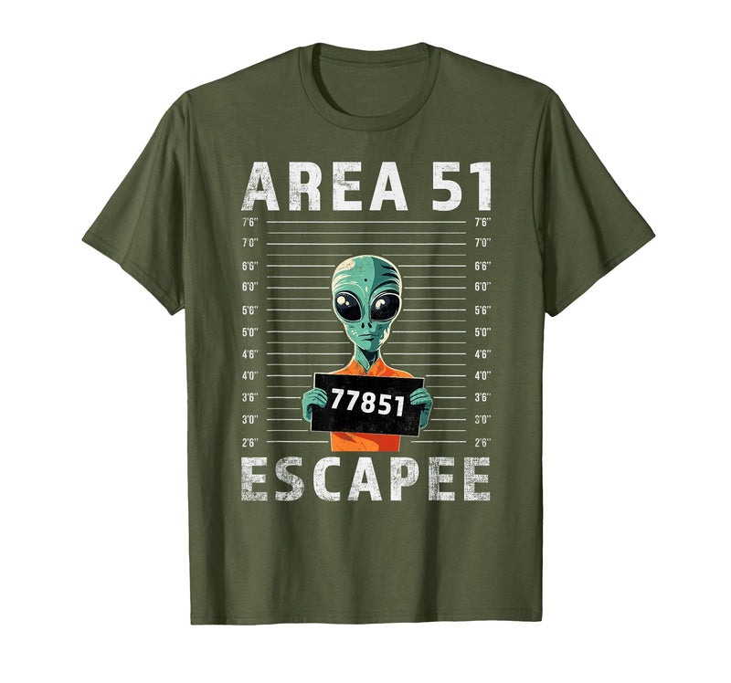 Funny Alien Halloween Costume Mugshot Alien Area 51 Escapee Funny Alien Mug Shot UFO T-Shirt - Olive Green