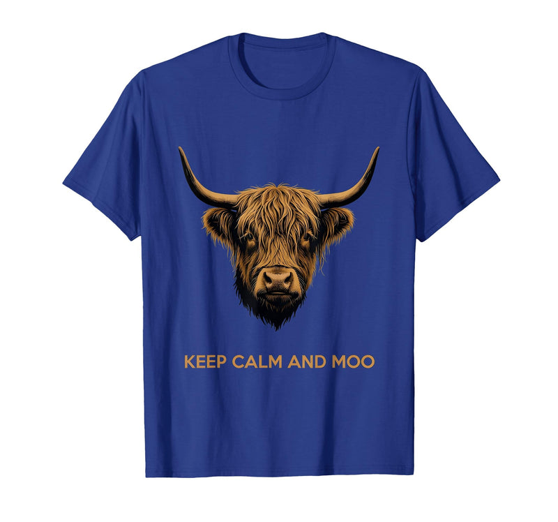 Mademark Keep Calm and Moo Highland Cow Design T-Shirt - Royal Blue