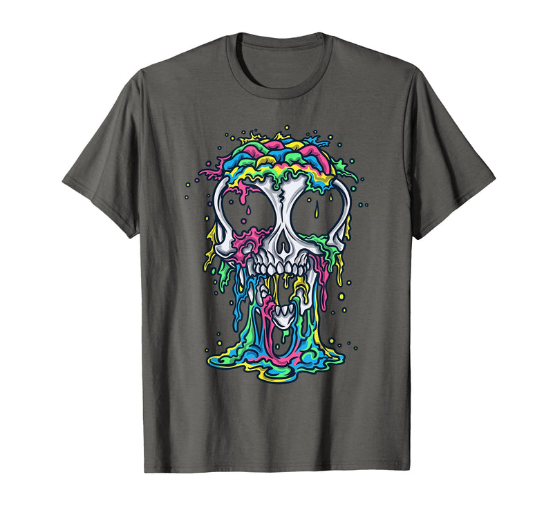 Skull & Halloween Designs for Bikers and Rockers Melting Skull Halloween Colorful Paint Drip Graphic T-Shirt - Asphalt Grey