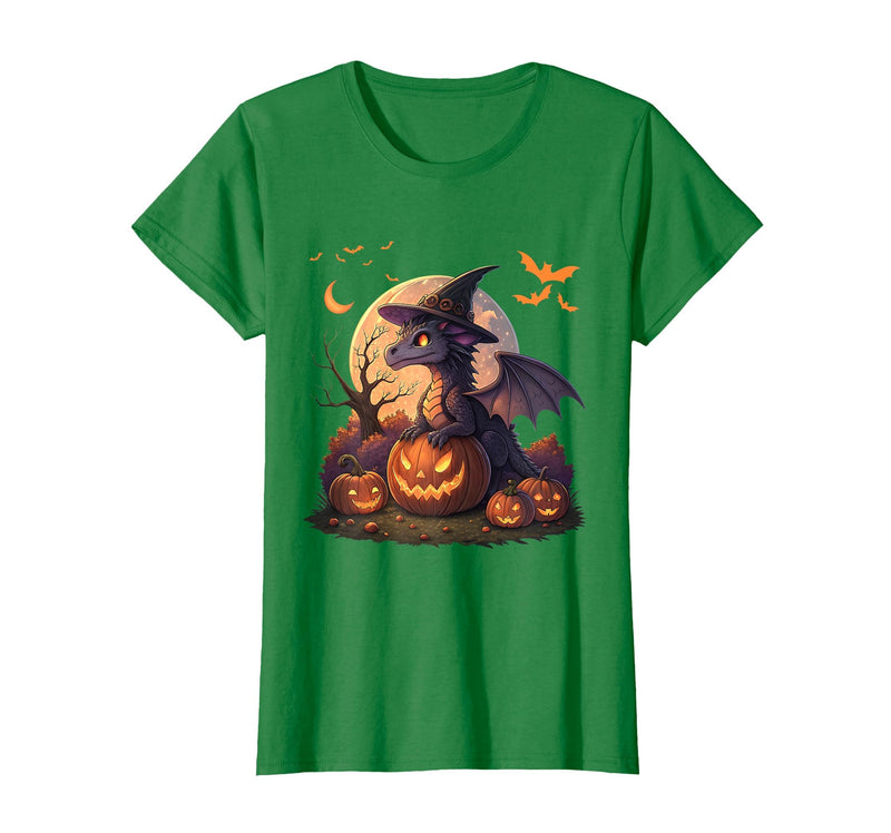 Halloween Dragons Fantasy Spooky Witchy Cute Halloween Dragon Witch Hat Pumpkin Moon Fantasy T-Shirt - Kelly Green
