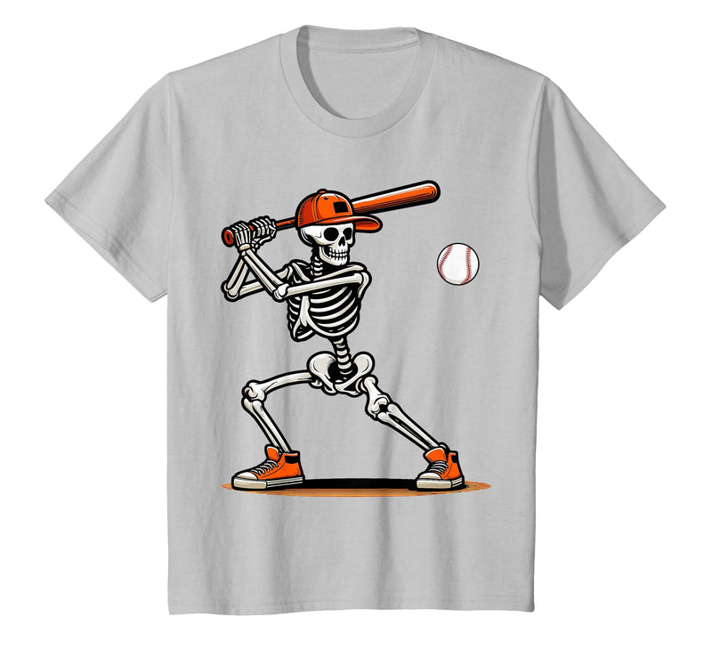 Funny Halloween Skeleton Sports Boys Costume Baseball Skeleton Spooky Boys Halloween Baseball Player T-Shirt - Silver Grey