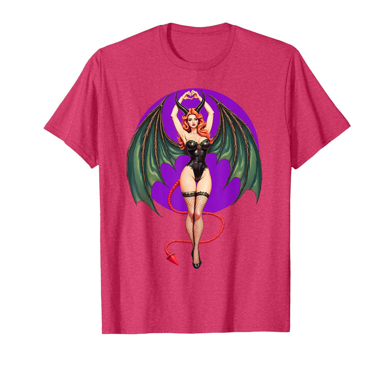 Classic Vintage Pin-Up Sexy Girl by YUX Sexy Succubus Monster Halloween Hand Heart Pin-Up Girl Devil T-Shirt - Red Heather