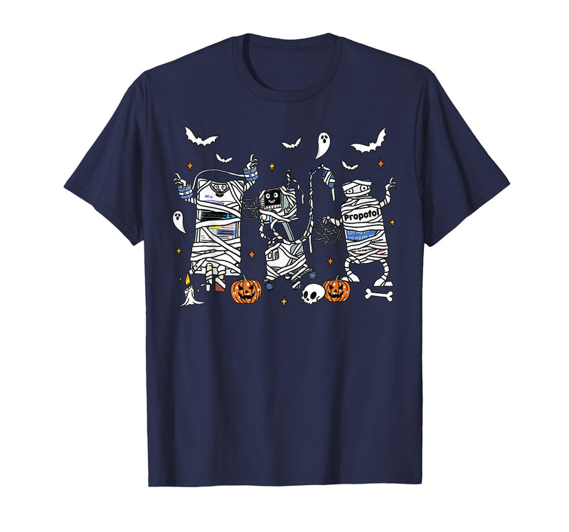 Cute Ghost Halloween Nurse Spooky Season Halloween ICU Nurse Propofol Mummy NICU PICU Nurse Tech T-Shirt - Navy Blue