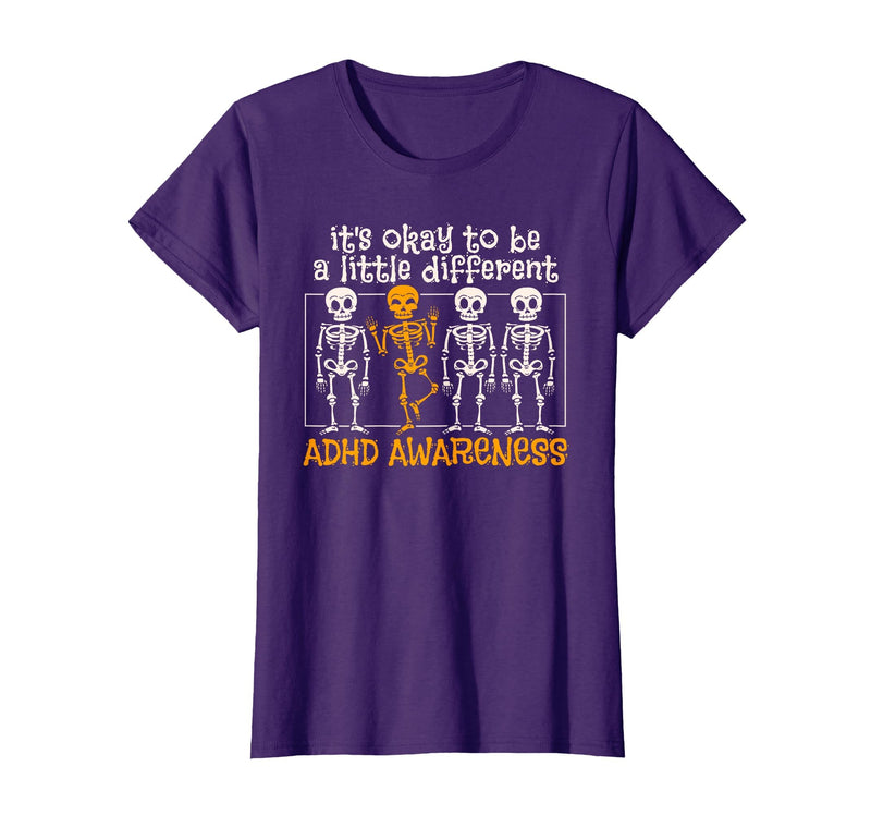 Orange Ribbon ADHD Awareness clothing Halloween Skeleton ADHD Awareness T-Shirt - Purple