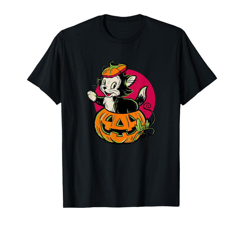 Disney Pinocchio Halloween Figaro Inside A Pumpkin Retro T-Shirt - Black