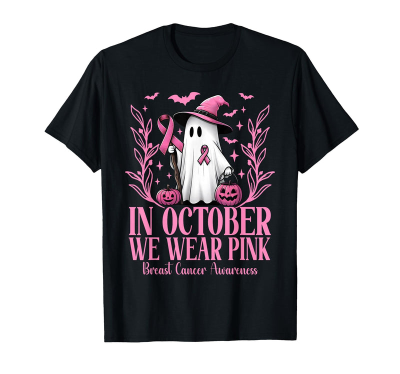 Arich.Tee's Breast Cancer Awareness Ghost in October We Wear Pink Breast Cancer Witch Ghost Halloween T-Shirt - Black