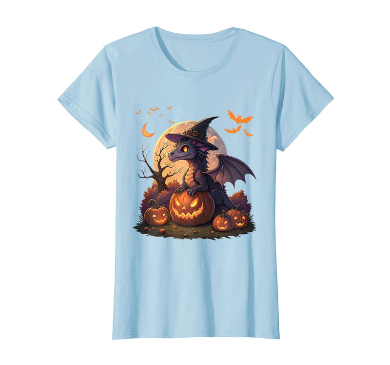 Halloween Dragons Fantasy Spooky Witchy Cute Halloween Dragon Witch Hat Pumpkin Moon Fantasy T-Shirt - Baby Blue