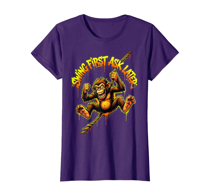 Mademark Swing First Ask Later Funny Monkey Design T-Shirt - Women - Purple