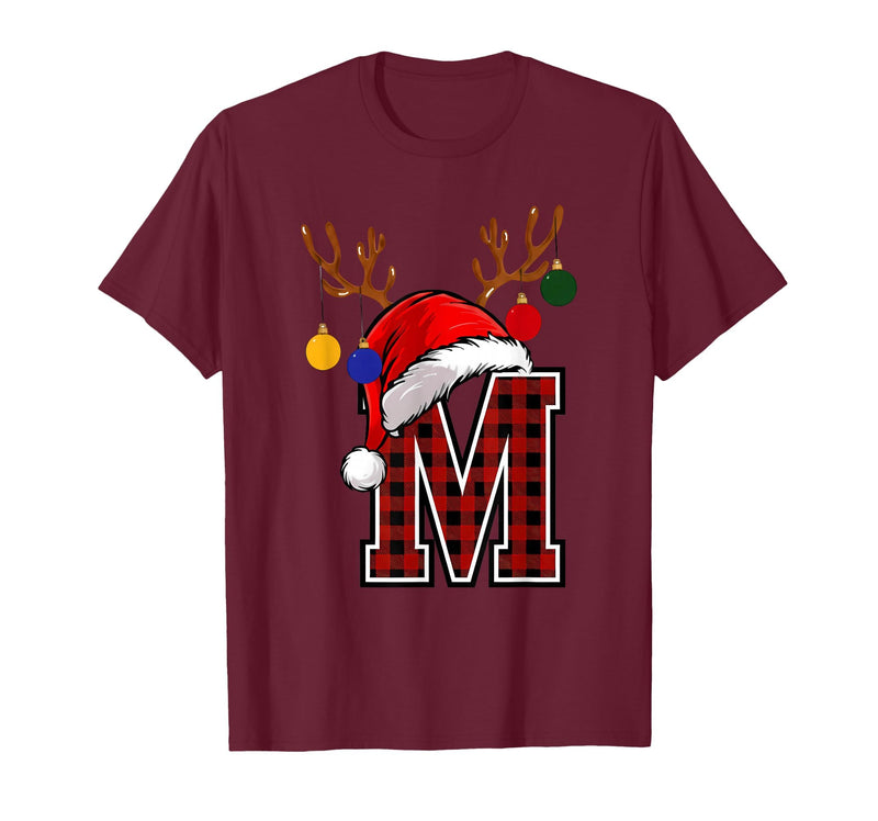 Christmas Buffalo Plaid Alphabet Tees Letter M Name Initial Buffalo Plaid Alphabet Monogram T-Shirt - Burgundy