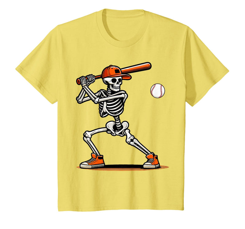 Funny Halloween Skeleton Sports Boys Costume Baseball Skeleton Spooky Boys Halloween Baseball Player T-Shirt - Lemon Yellow