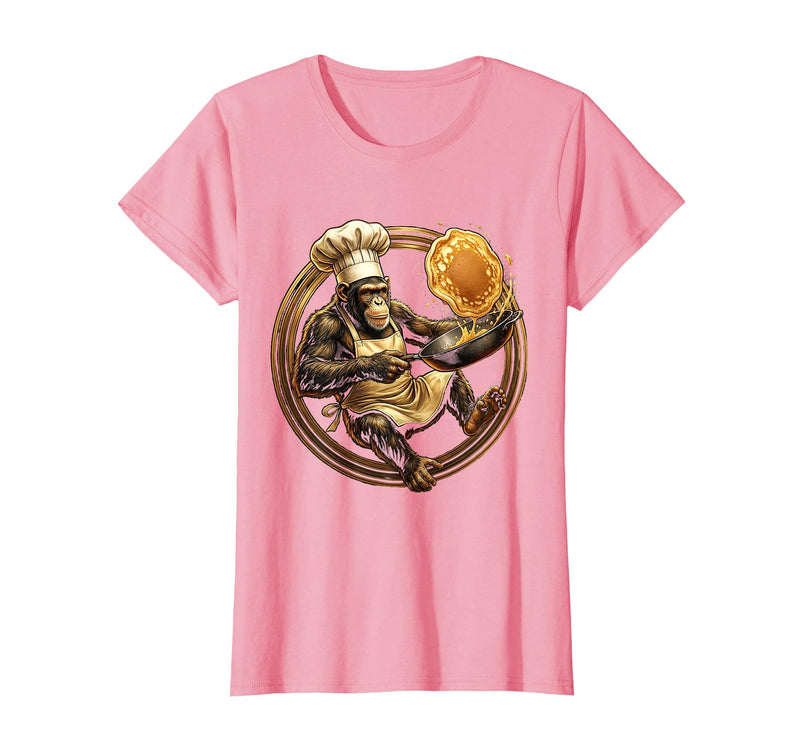 Mademark Funny Monkey Chef Flipping Pancakes Graphic Tee T-Shirt - Women - Pink