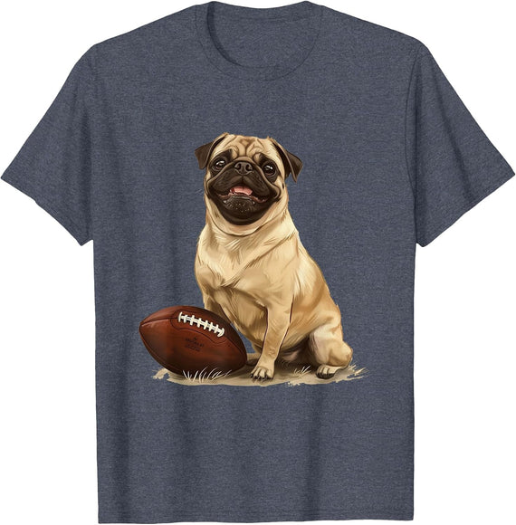 Pug Puppy Dog Football Sports Team Animal T-Shirt - Heather Blue