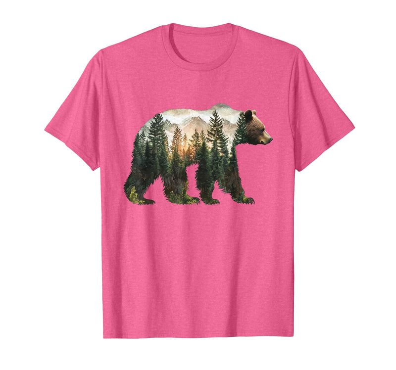 Bear Designs. Bear Forest Mountains Trees Nature Sunset Outdoor Graphic T-Shirt - Pink Heather