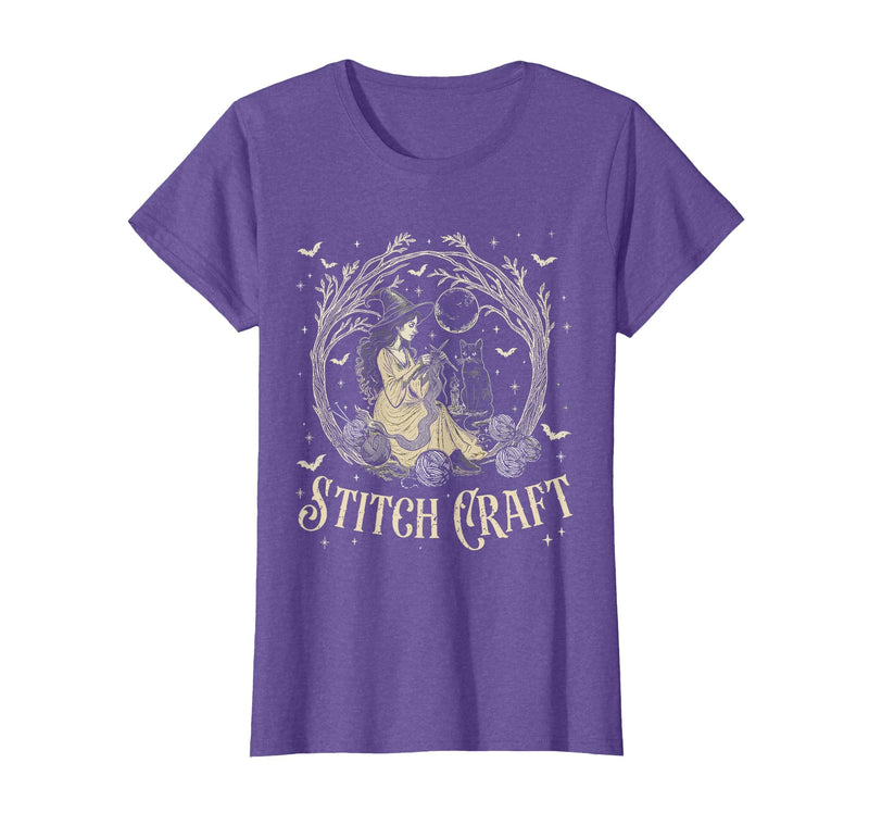 Witch Black Cat Halloween Witches Crochet Womens Stitch Craft Salem Witch Halloween Cat Witch Girls Trip T-Shirt - Purple