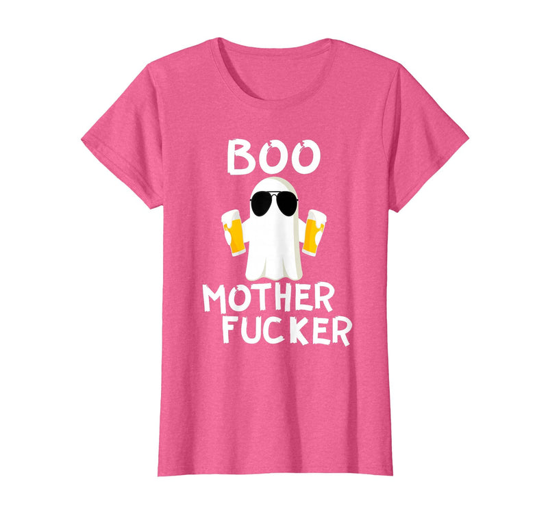 Vulgar Halloween Tee Shop Boo Motherfucker Funny Beer Drinking Ghost Adult Halloween T-Shirt - Pink Heather