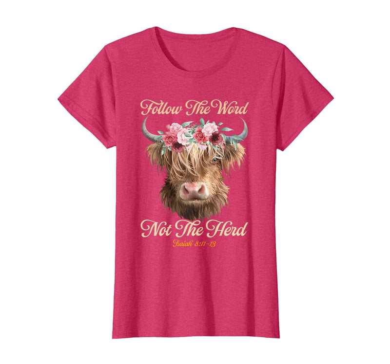 Christian Western Highland Cow Lovers Tees Follow The Word Not The Herd Christian Western Highland Cow T-Shirt - Red Heather